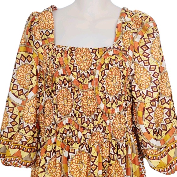 Me 2 Magic Anthropologie Sunburst Print Maxi Dress Puff Sleeve Lightweight‎ L - Picture 3 of 11
